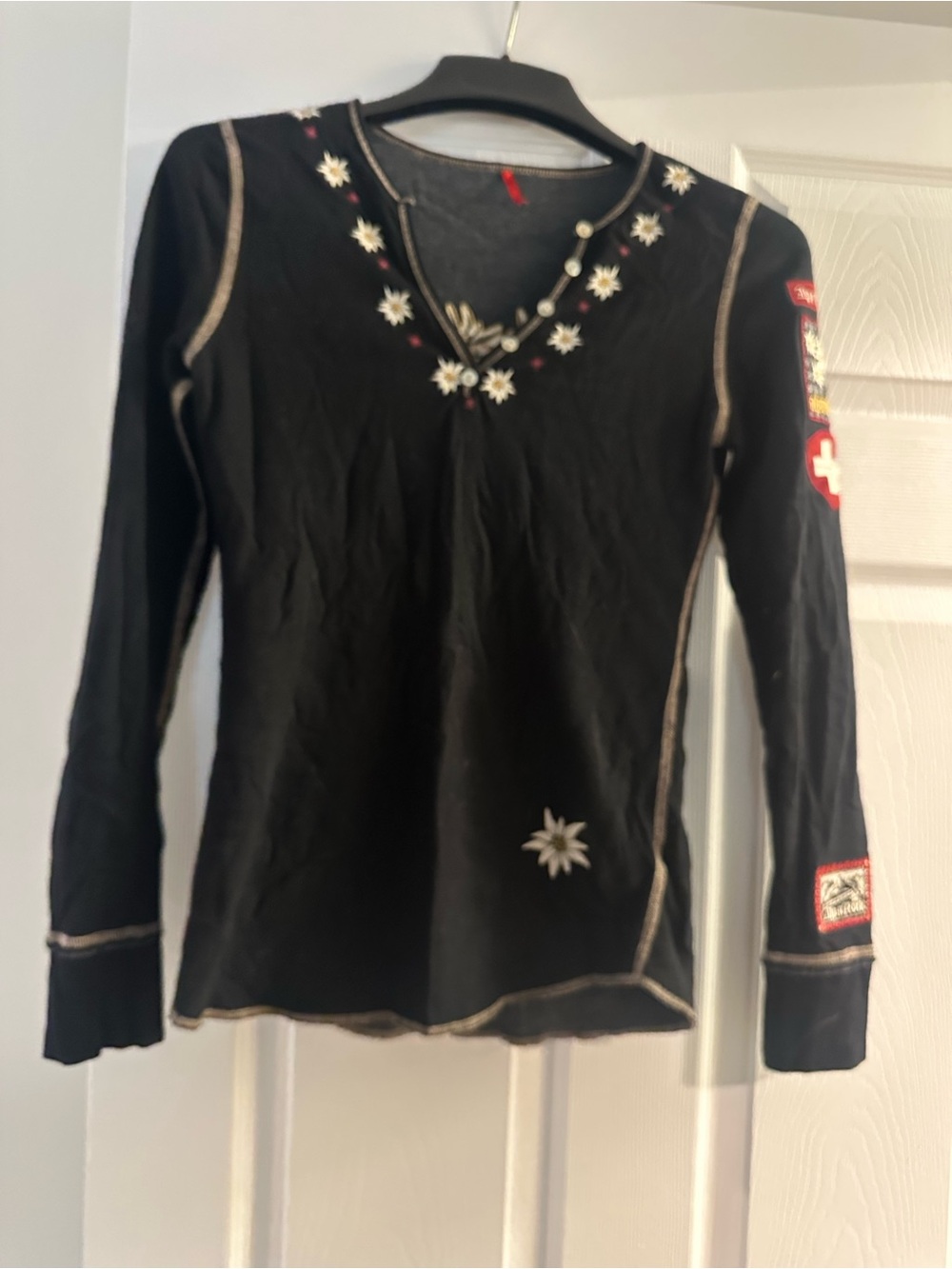 Alp N Rock Black Long-Sleeve Top with White Floral Embroidery